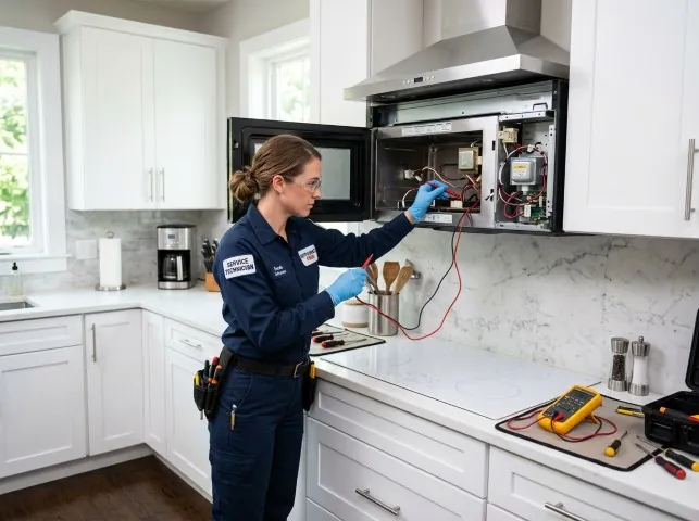 Appliance Repair Hero technician testing an over-the-range microwave in a Blue Bell, PA kitchen